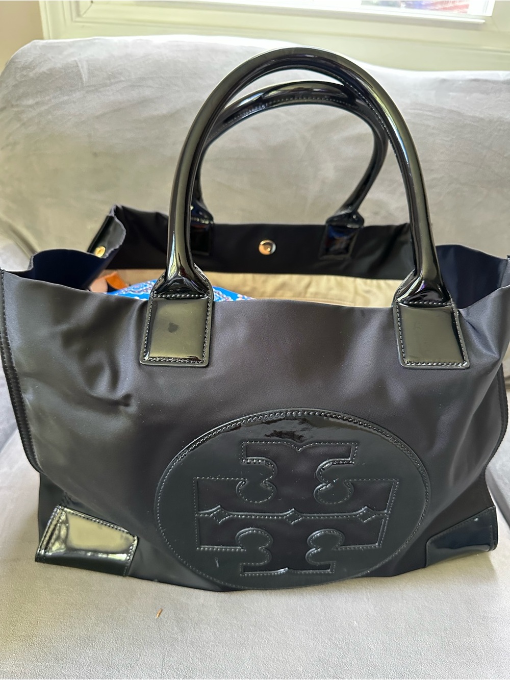Tory Burch Black Nylon Tote with Patent Logo Trim - Picture 2 of 4